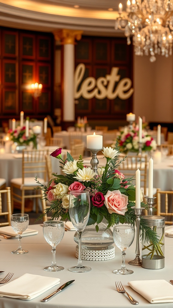 Elegant wedding reception table with floral centerpiece and candle holders