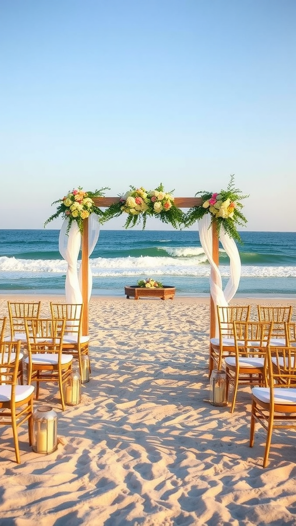 Beachfront wedding setup with floral arch and chairs on sand