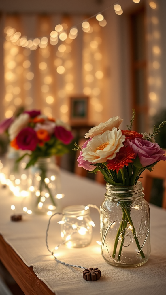 Mason jars filled with flowers and fairy lights on a wedding table.