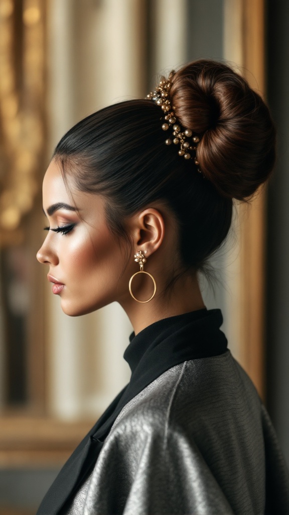 A woman with a chic bun hairstyle adorned with a statement hairpiece, showcasing elegance.