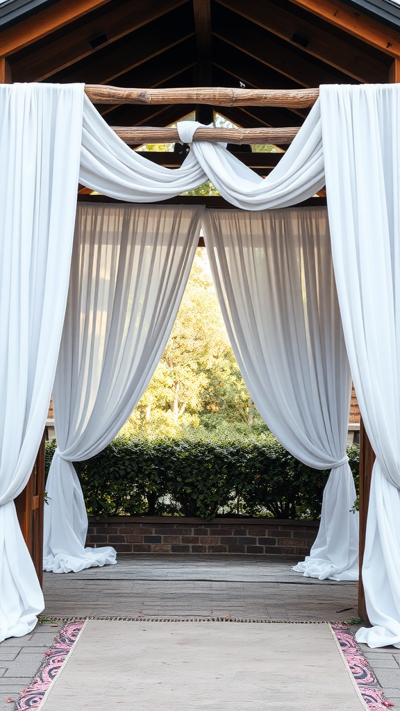 Chic white fabric draping at a wedding entrance