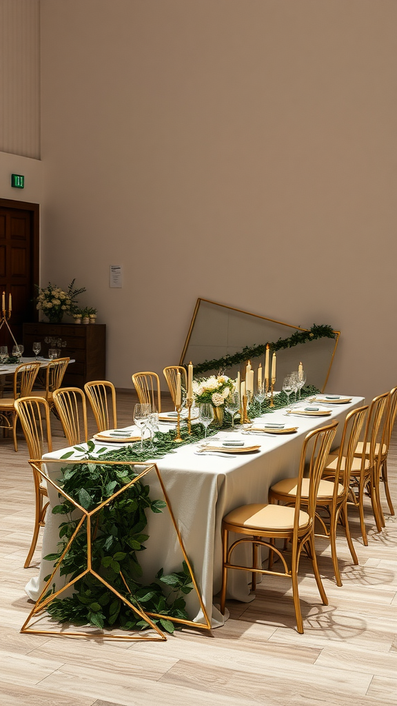 A beautifully set wedding table featuring geometric displays with greenery and candles.