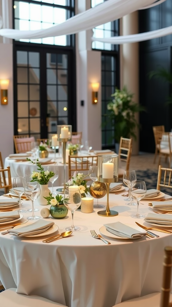 Elegant wedding table decor featuring geometric elements with candles and floral arrangements.