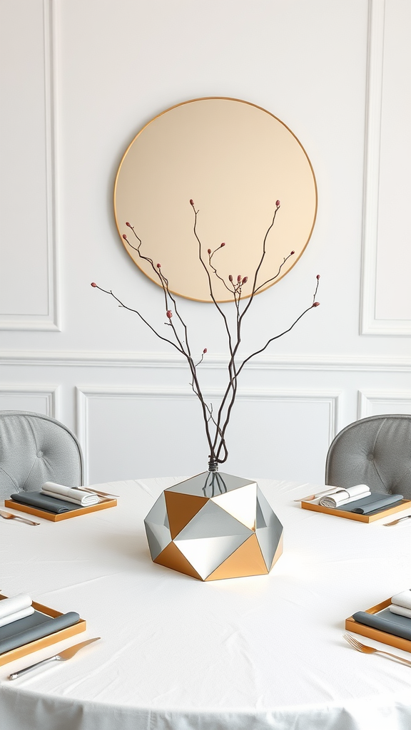 A modern geometric centerpiece with a mirrored finish and branches, set on a white tablecloth.