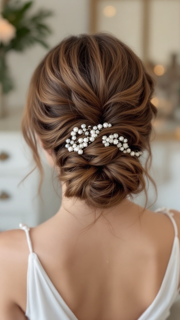 A chic half-up twisted bun hairstyle with beaded detail