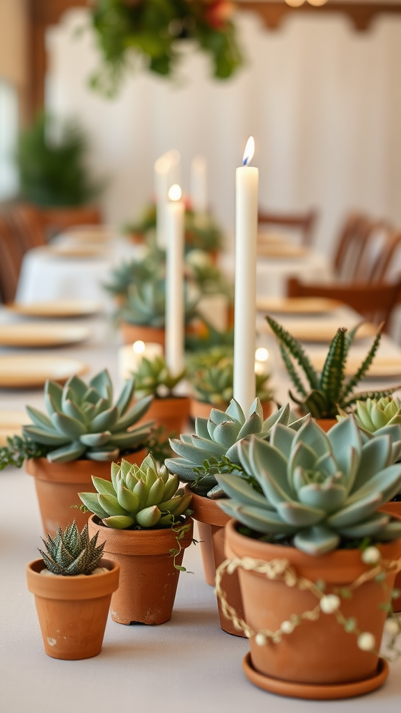 Table decor featuring succulent plants in terracotta pots with white candles.