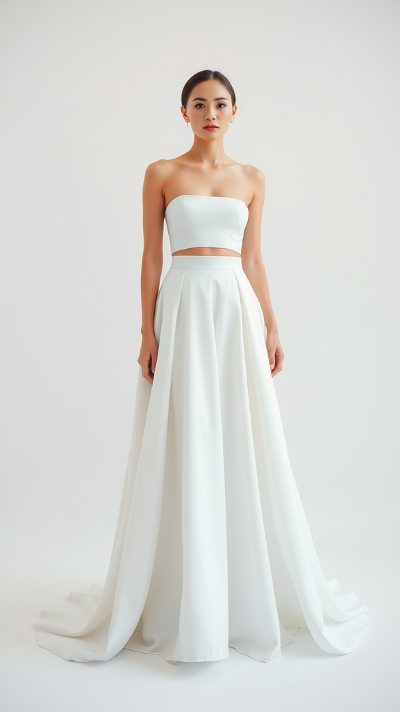 Chic two-piece bridal dress featuring a strapless top and a flowing skirt.
