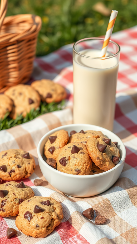 Chocolate chip almond crunch cookies served with a glass of milk