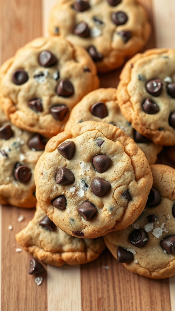 Freshly baked chocolate chip cookies with sea salt on a wooden surface.