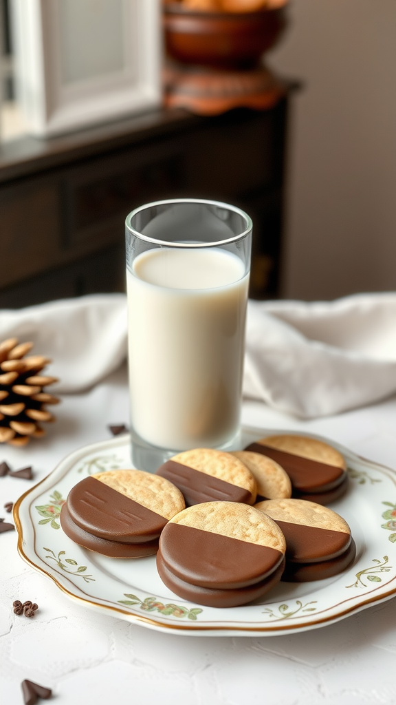 A plate of chocolate dipped shortbread cookies next to a glass of milk