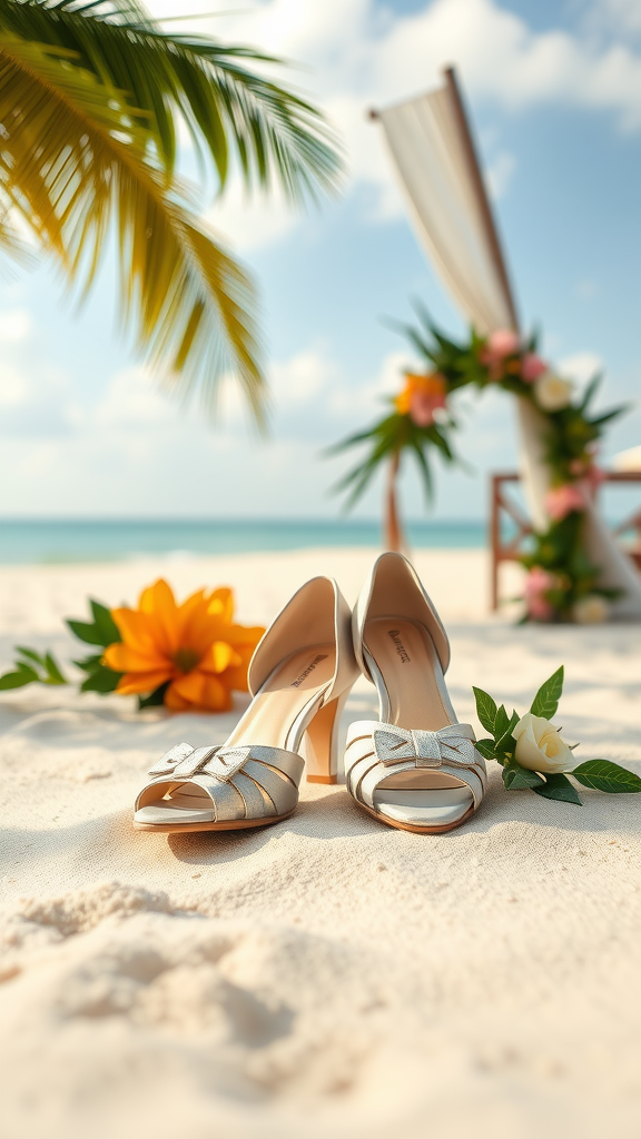 Elegant wedding shoes on a sandy beach with flowers and a wedding arch in the background.