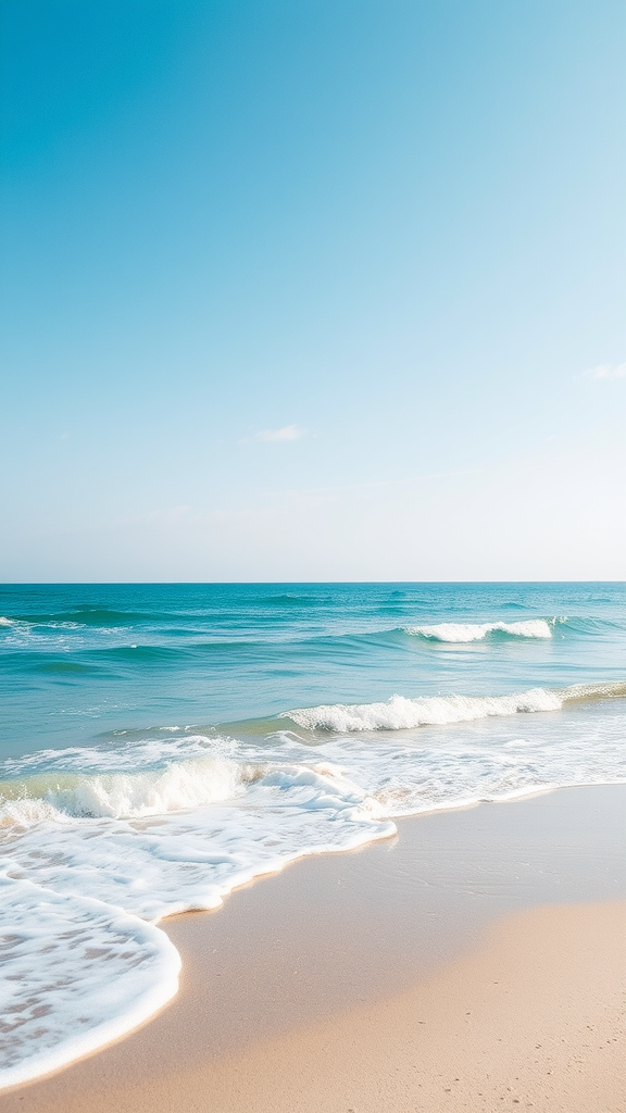 A serene beach with soft waves and clear blue skies, ideal for a wedding.