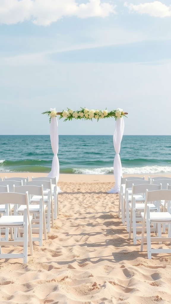 A beautiful beach wedding setup with white chairs and floral arch by the ocean.