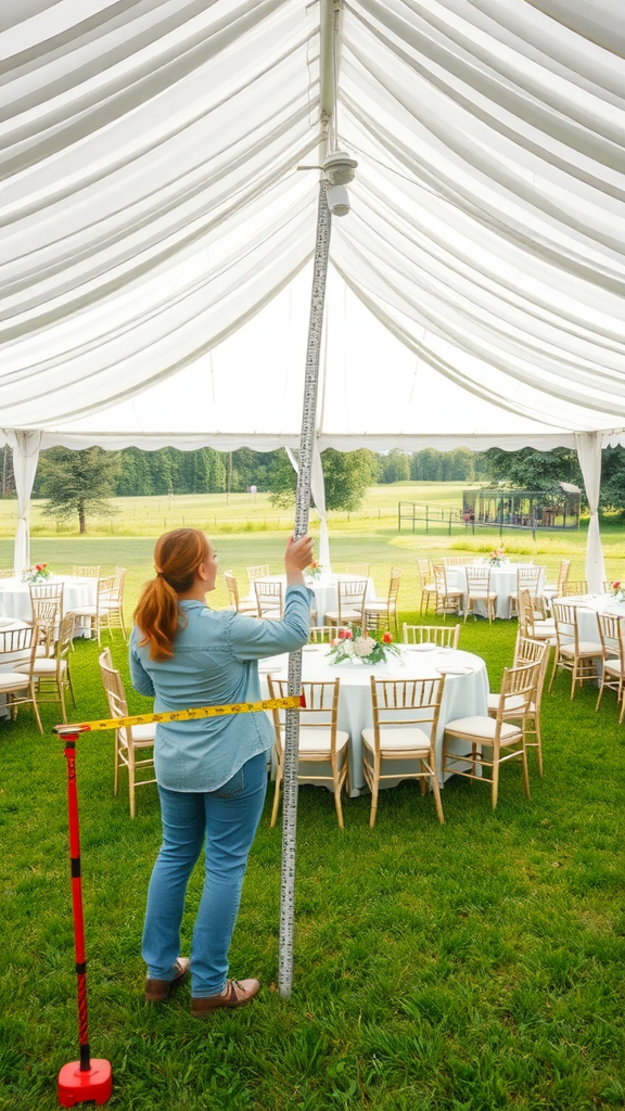 A person measuring the height of a wedding tent, surrounded by tables and chairs set for an outdoor event.