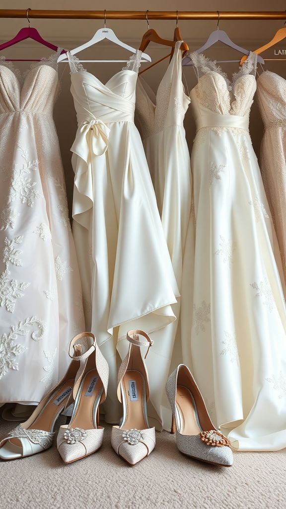 A display of wedding dresses and elegant shoes arranged together.