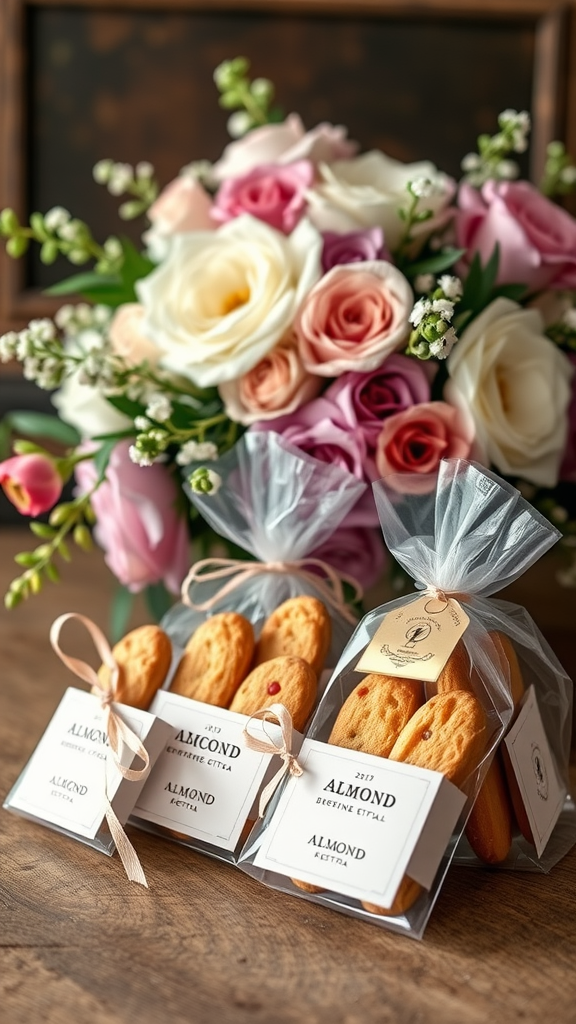 Beautifully packaged almond biscotti next to a bouquet of roses.