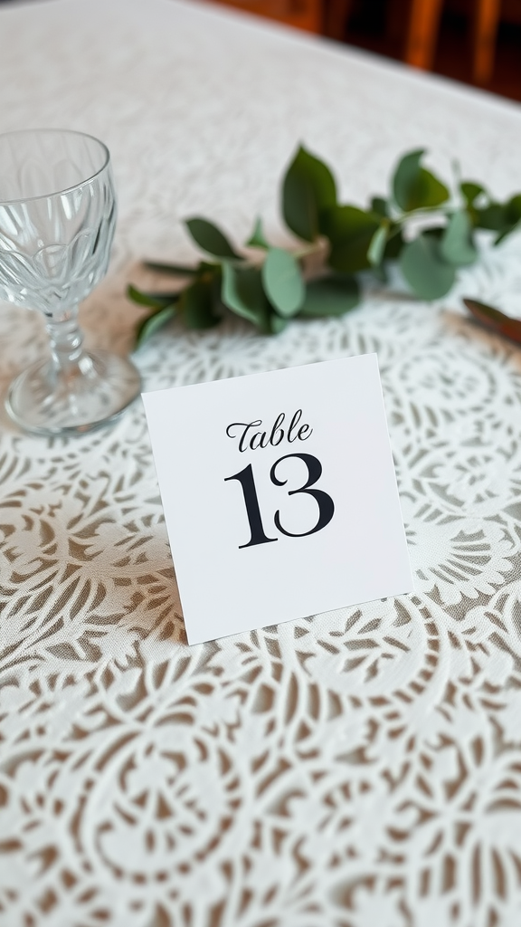 Table number 13 displayed elegantly on a wedding table.