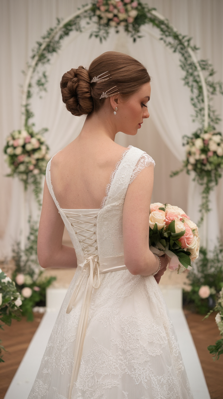 A bride with a classic chignon hairstyle adorned with vintage hairpins, holding a bouquet.