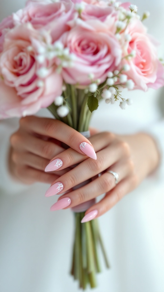 Bridal hands holding a bouquet of pink roses with stylish pink nails featuring white designs.