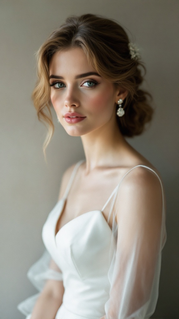 A bride with classic half-up hairstyle and side sweep bangs, wearing a white dress.