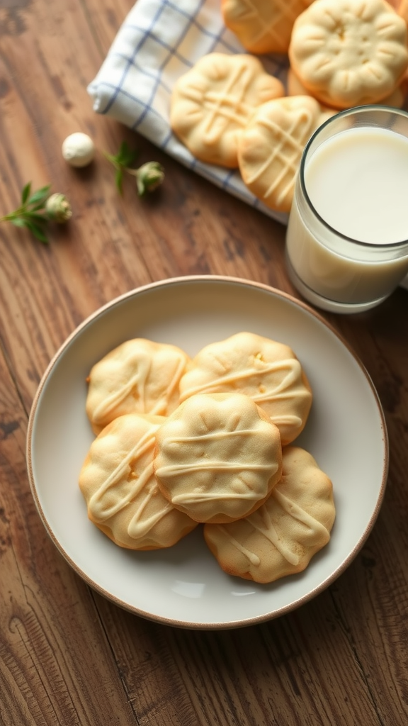 A plate of classic vanilla wedding cookies beside a glass of milk.