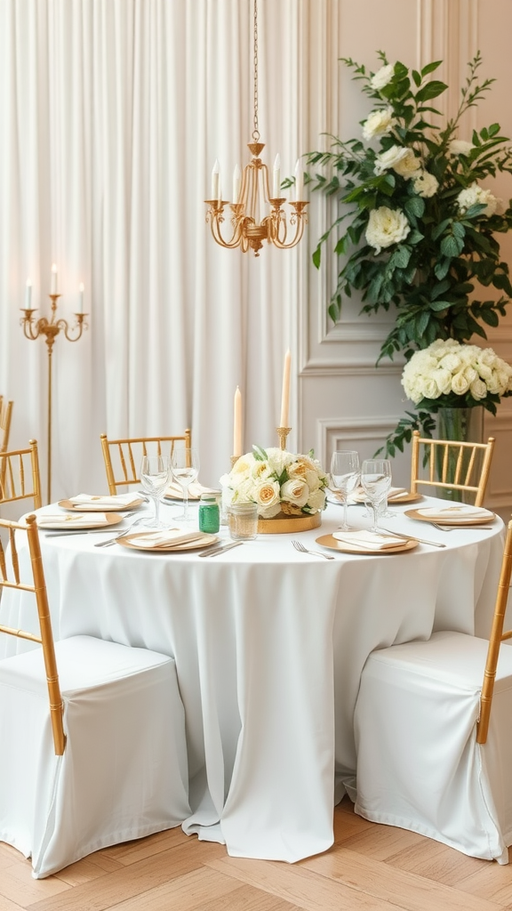 A beautifully arranged wedding table featuring white tablecloth, gold accents, and floral centerpieces.