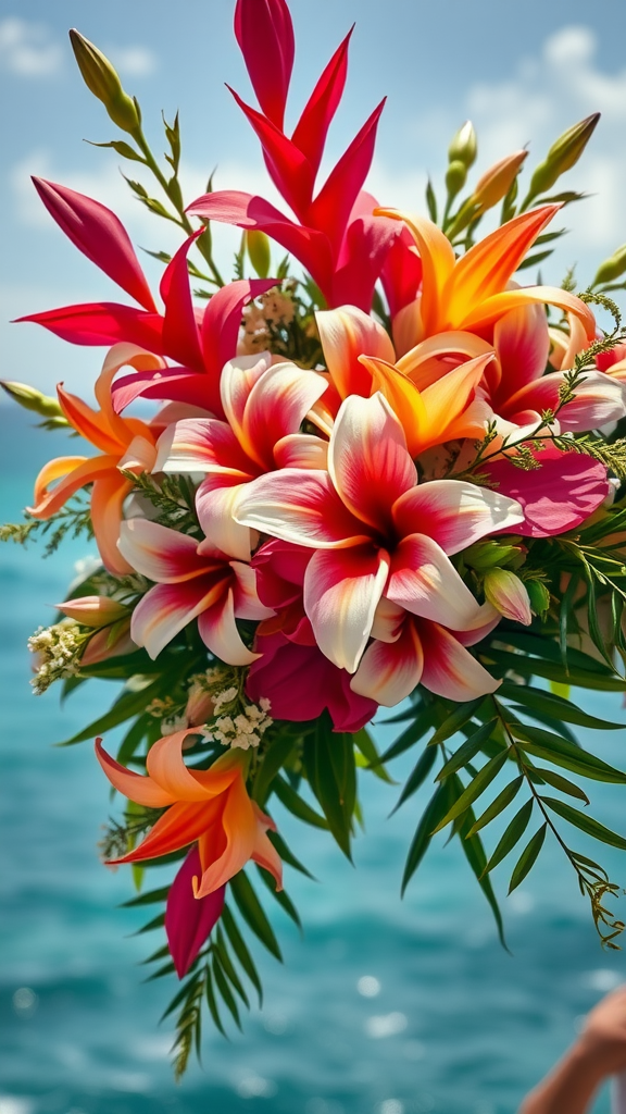 A vibrant bouquet featuring tropical flowers and lush greenery, set against a coastal backdrop.