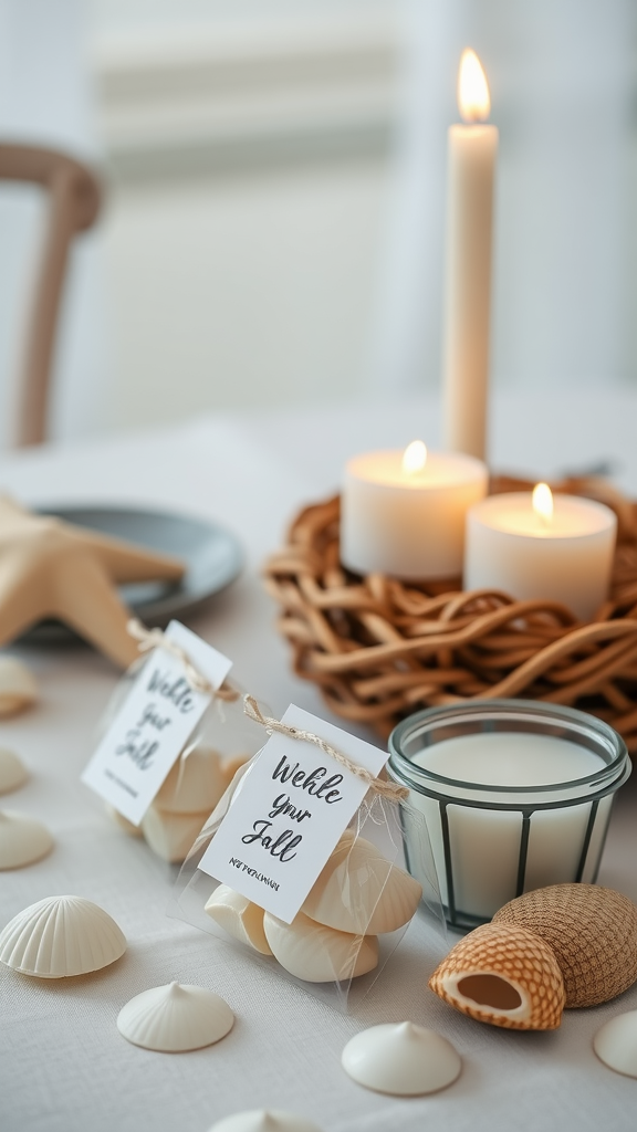 Coastal wedding favors displayed on a table with candles and seashells