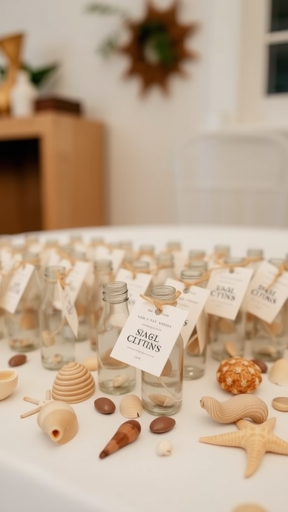 Table display with small glass bottles and seashells for coastal wedding favors