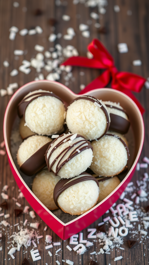 Coconut macaroons dipped in chocolate in a heart-shaped box with a red ribbon