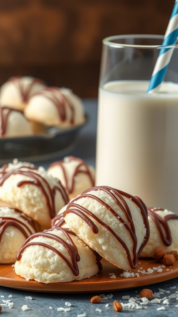 A plate of coconut macaroons drizzled with chocolate and a glass of milk.