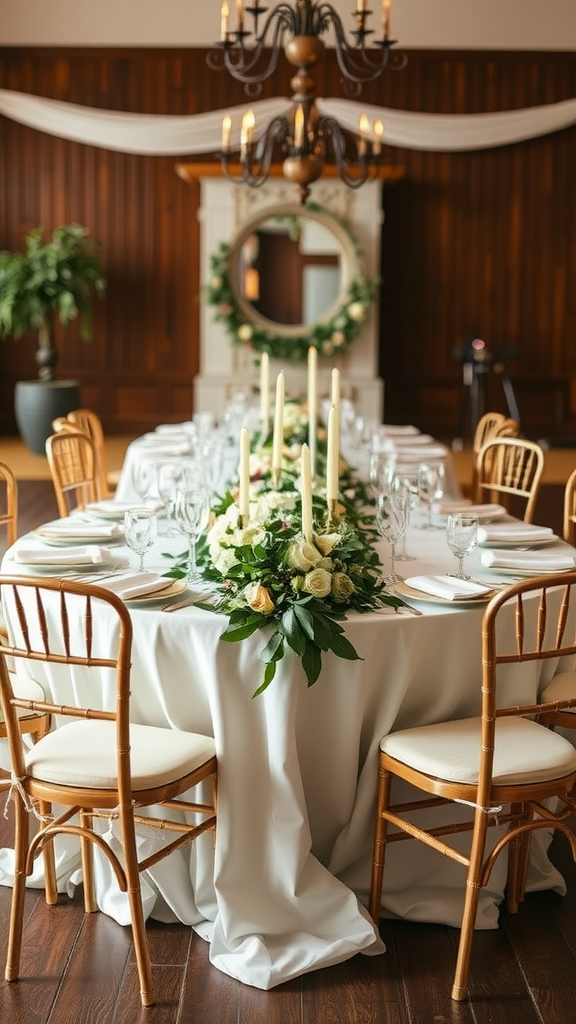 Elegant wedding table set with candles and floral arrangements.