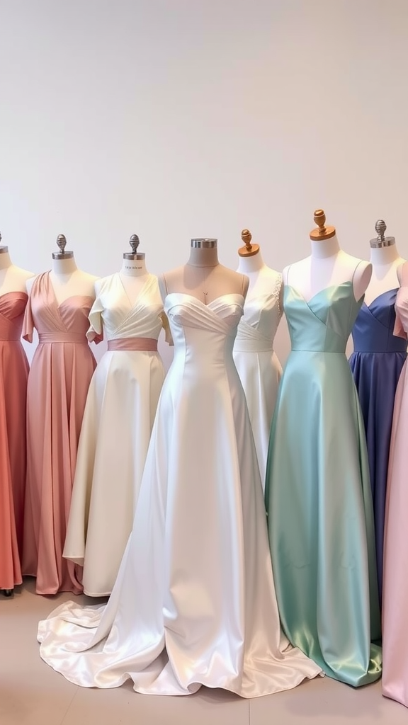 A display of satin wedding dresses in various colors, including white, pink, mint green, and blue.