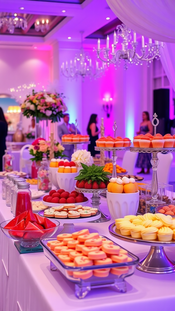 A beautifully arranged colorful dessert display table with various sweets and fruits.