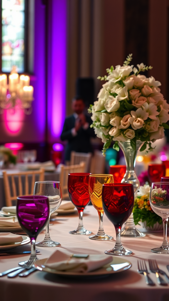 A beautifully set wedding table featuring colorful glassware in shades of purple, red, and yellow, complemented by elegant floral arrangements.