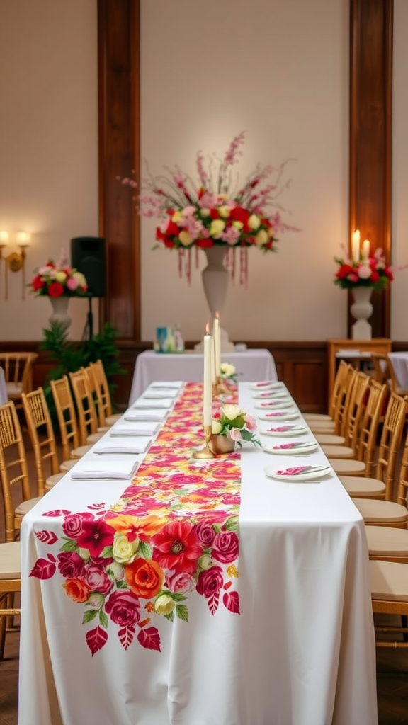 Wedding table with a colorful floral runner design and elegant centerpieces.