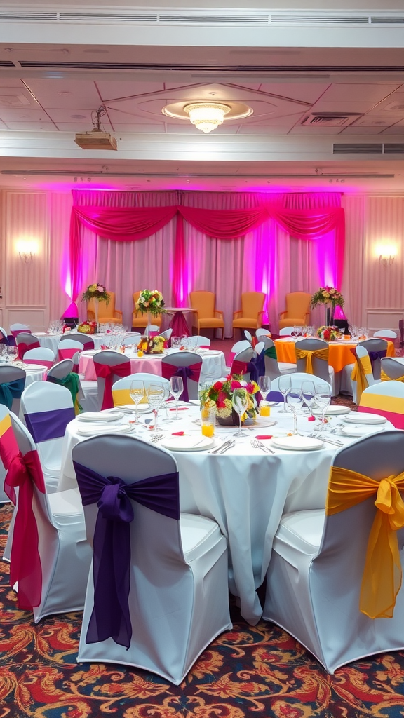 Wedding reception setup featuring colorful table linens and chair covers.