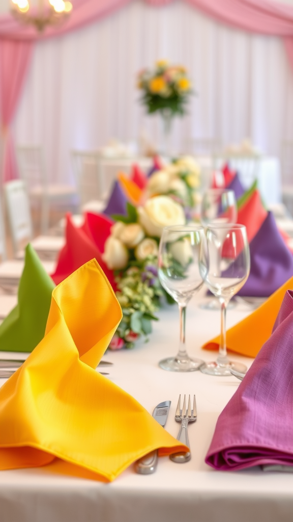 A wedding table featuring colorful napkins in yellow, red, green, and purple, with floral centerpieces and elegant glassware.