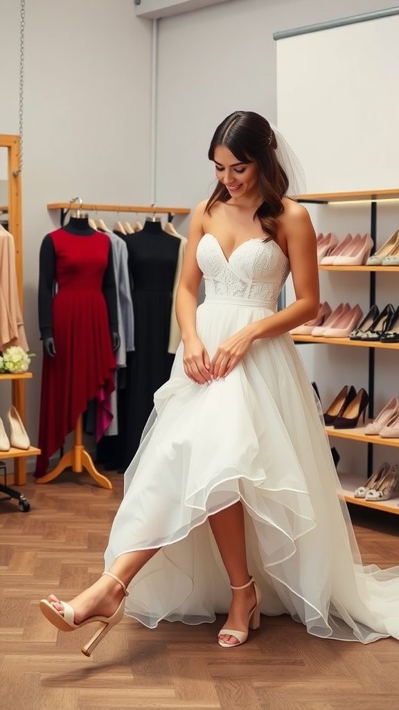 A woman trying on a wedding dress in a boutique with stylish shoes.