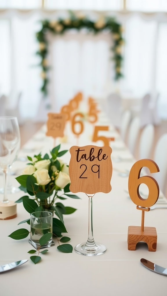 Crafted wooden table numbers on a wedding reception table