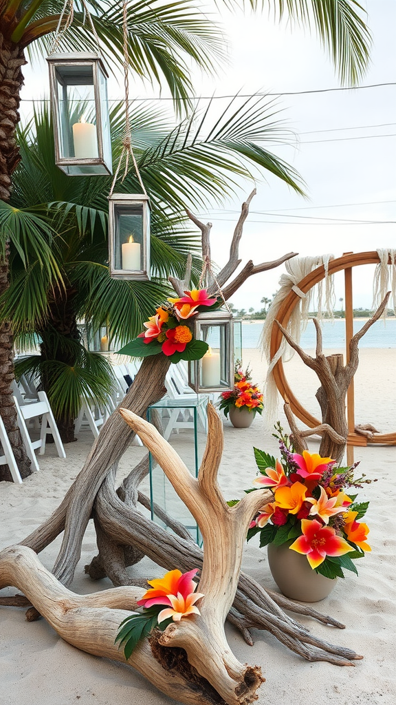 A beach wedding setup featuring driftwood, colorful flowers, and hanging lanterns.