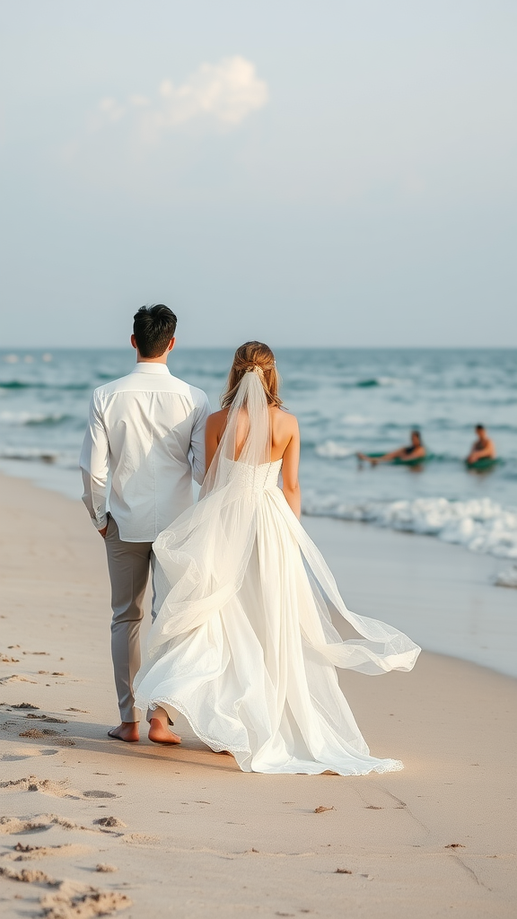 A couple walking on the beach, the woman in a flowing white dress and the man in a light button-up shirt.