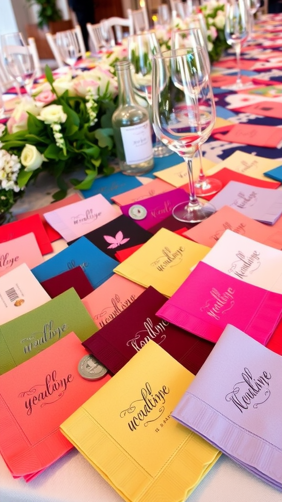 Colorful cocktail napkins with elegant designs on a table at a wedding reception.