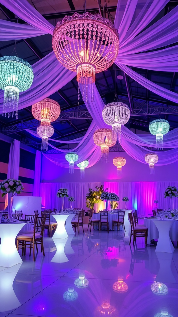 Colorful lighting installations at a wedding reception