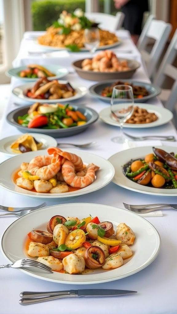 A beautifully arranged table with various gourmet dishes for a wedding reception.