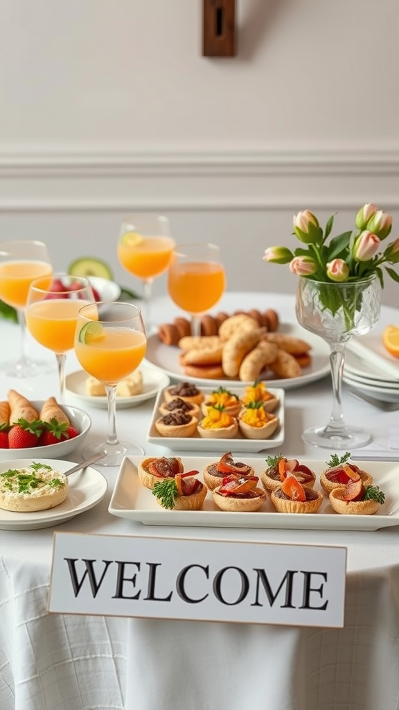 A beautifully arranged wedding welcome table featuring tasty snacks and drinks.