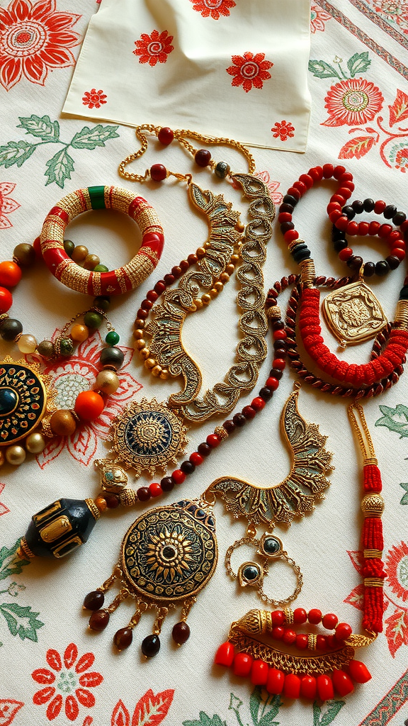 A vibrant collection of cultural heritage jewelry featuring intricate designs and various colors.