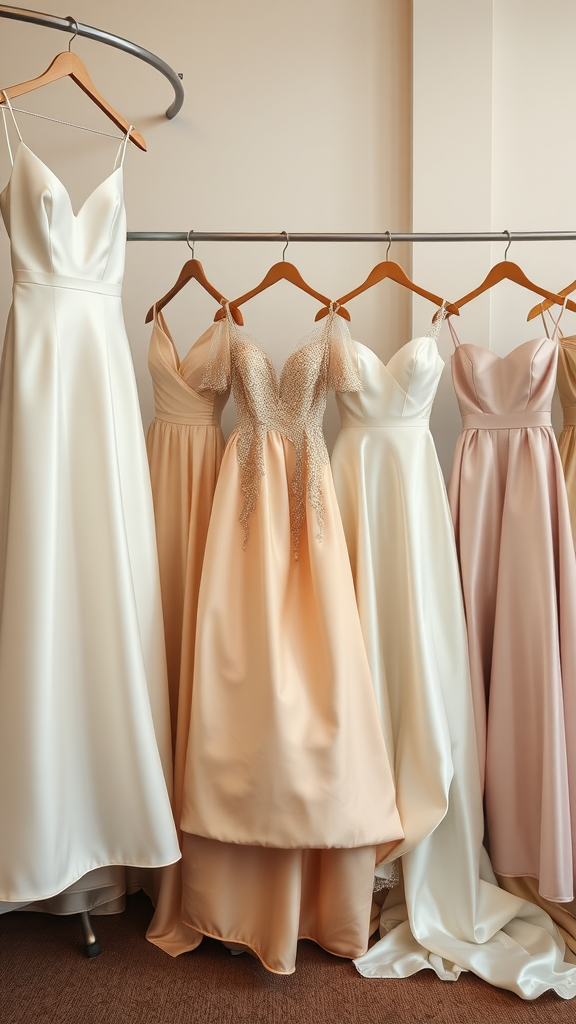 A collection of satin wedding dresses in different styles and colors hanging on a rack.