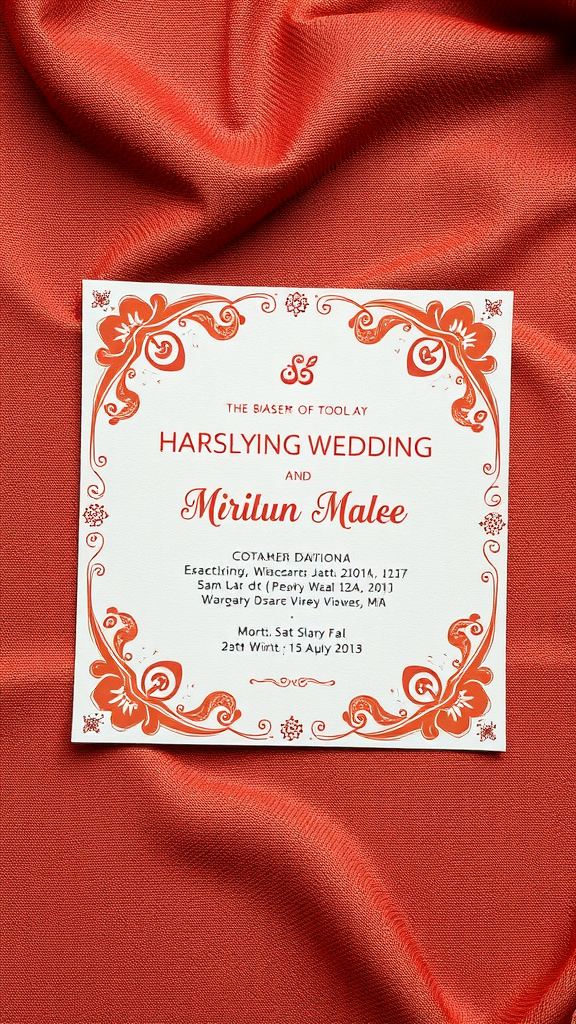 Wedding invitation with floral design on a red background