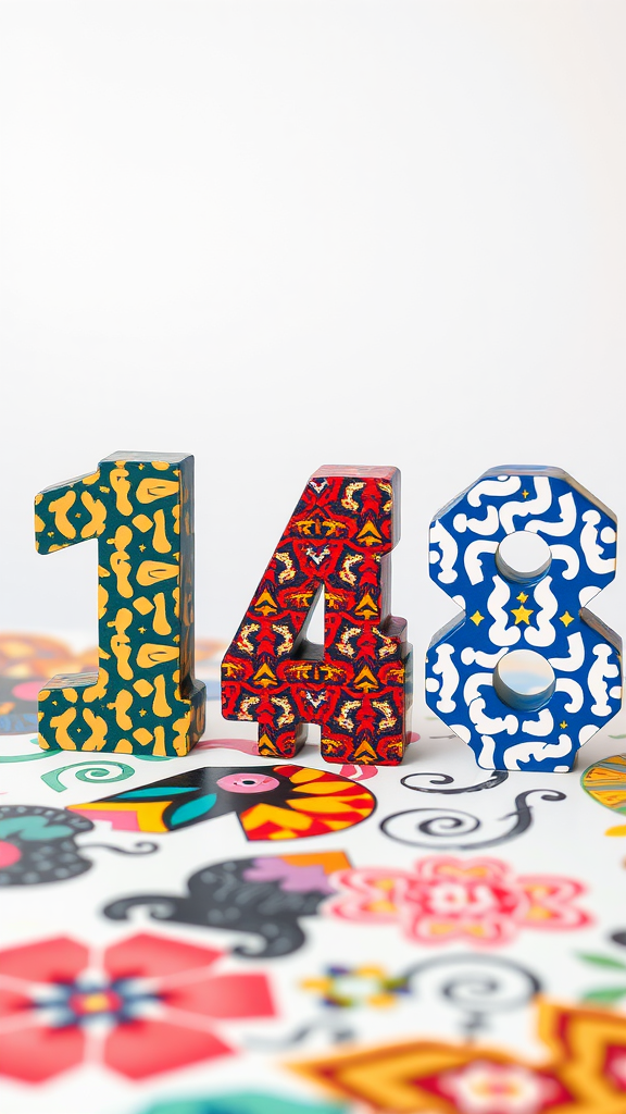Colorful table numbers with intricate designs on a bright background
